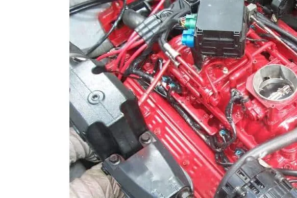Close-up of a marine inboard engine block opened up for repair